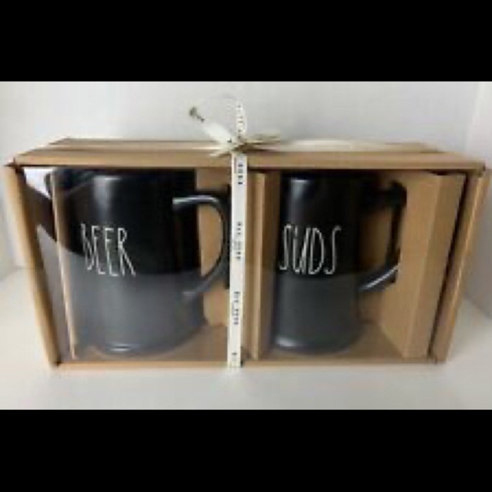 Rae Dunn BEER SUDS Black Ceramic Mugs Gift Set
